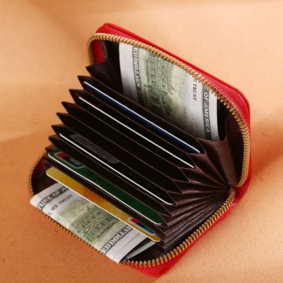 Red wallet 11-slot cardholder with zipper closure - Picture 3 of 4